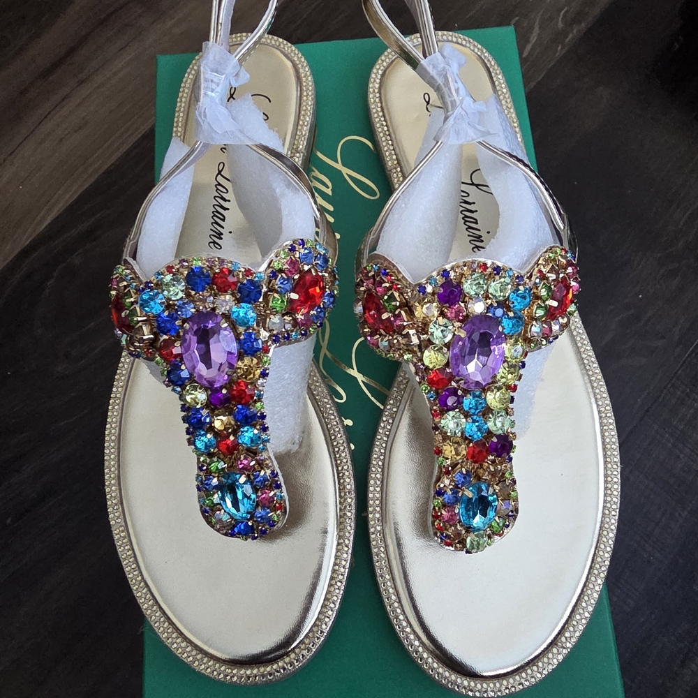 Lauren Lorraine Silver Sandals with Multicolor Gemstones